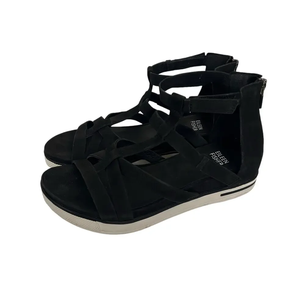 Eileen Fisher Black Sola Tumbled Nubuck Sandals Sz 7